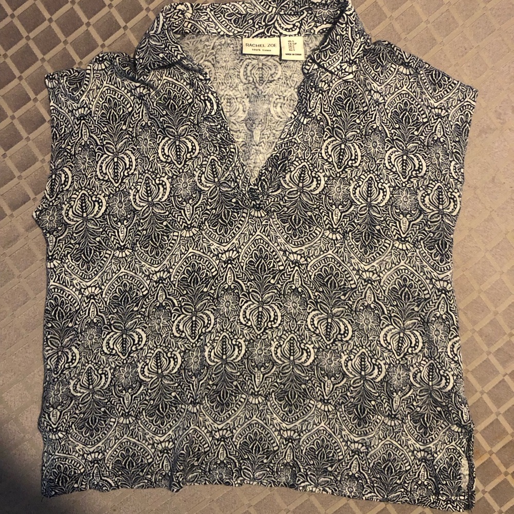 Rachel Zoe 100% Linen Boho Top Blue White Print Size S - Picture 2 of 10